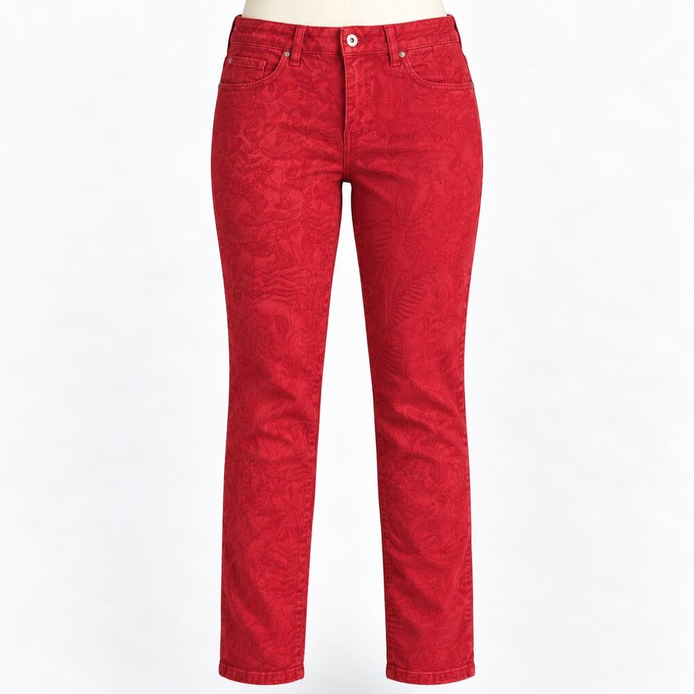 Pilcro Anthropologie Pinkish Red Floral Jacquard High Rise Skinny Jeans Women 31